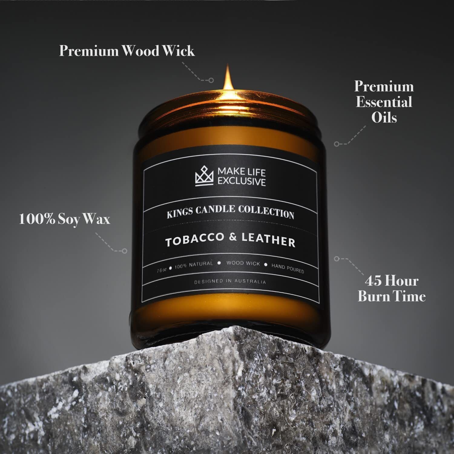 Scented Candles for Men | Tobacco & Leather Scented | Wood Wick, Long Lasting, M