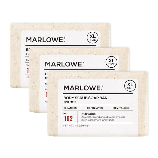 No. 102 Body Scrub Soap 7 Oz (3 Bars), Oud Wood, Exfoliating Soap Bar with Shea Butter, Olive Oil & Green Tea Extracts, Cleanses, Smooths & Revitalizes Skin, Earthy & Smoky Scent